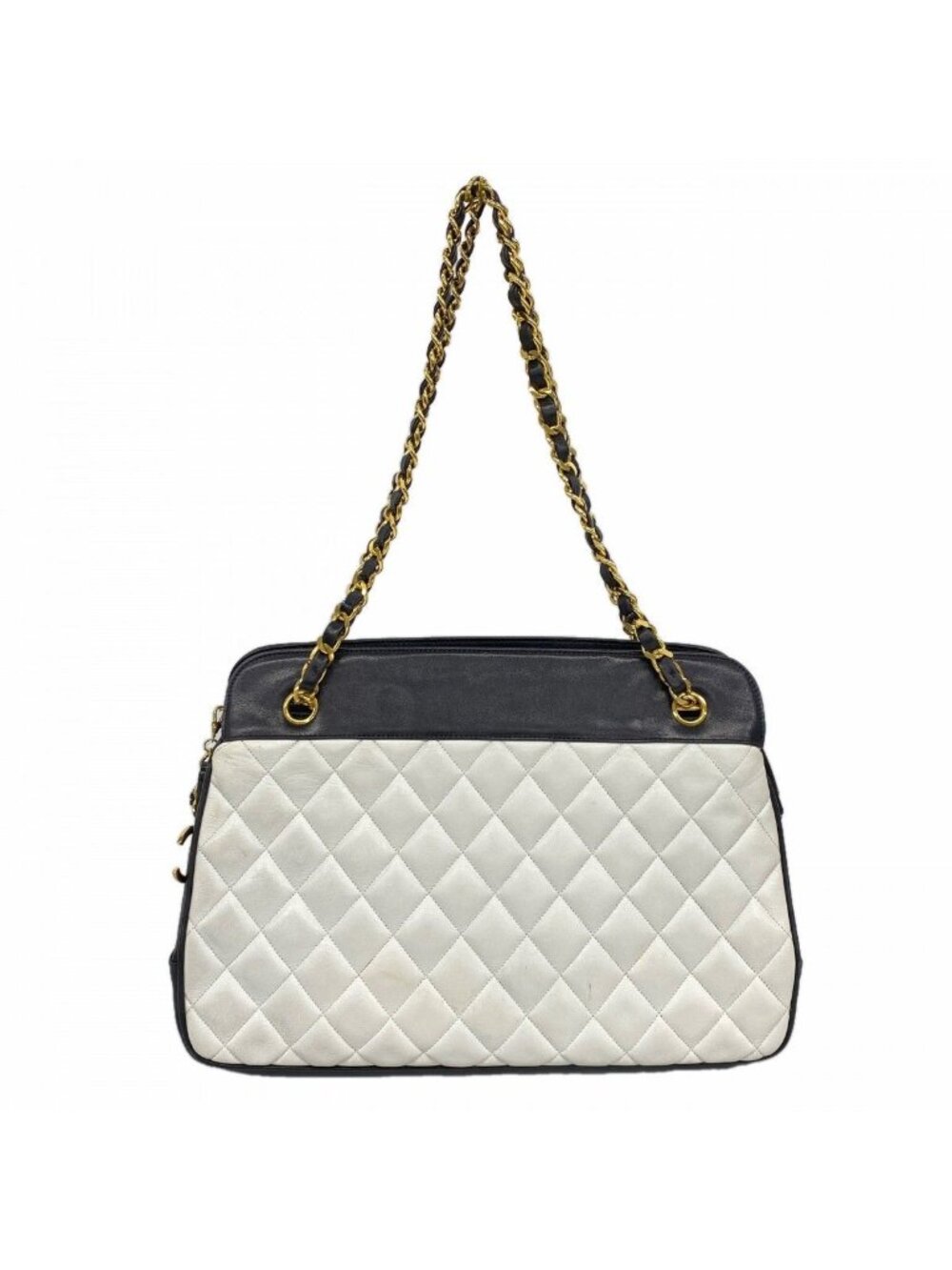 Chanel Shoulder Bag Quilted Lambskin White Black Gold